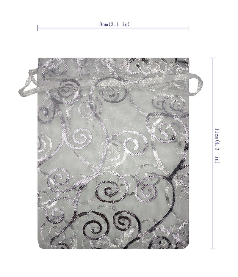 Ankirol 100pcs Sheer Organza Favor Bags For Wedding Baby Shower Rattan Print Gift Bags Samples Display Drawstring Pouches (3x4, silver) - Image 2